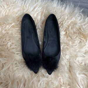 ASOS Black Sateen Flats with Furry PomPoms Size 8